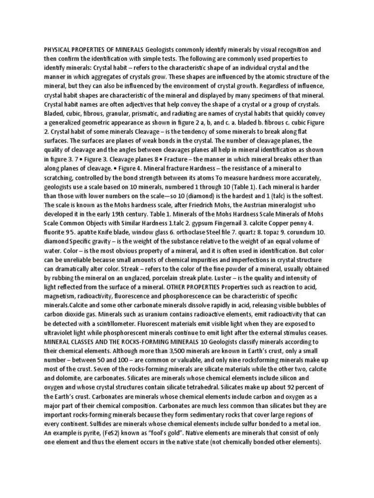 PHYSICAL PROPERTIES OF MINERALS Geologists Commonly Identify Minerals By Visual Recognition And ...