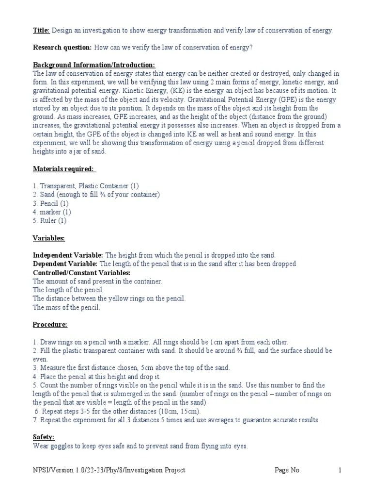 Investigation On Law Of Conservation Of Energy | PDF | Potential Energy | Mass