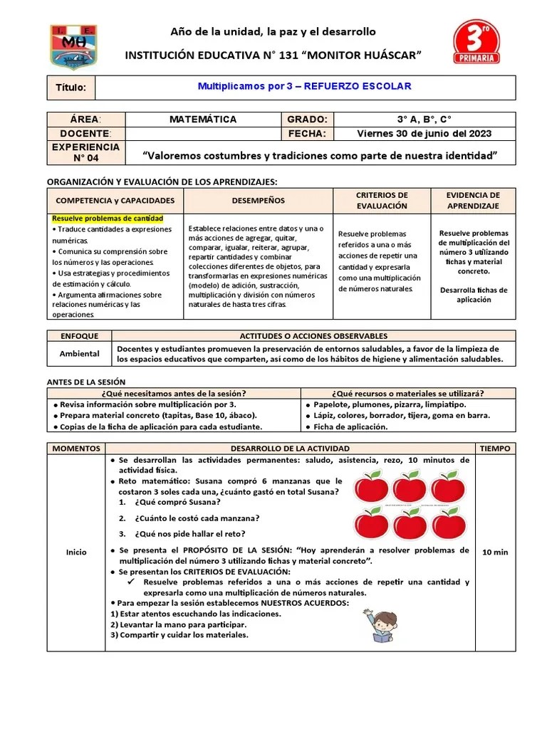 01 Sesión Matemática Refuerzo | PDF | Multiplicación | Evaluación