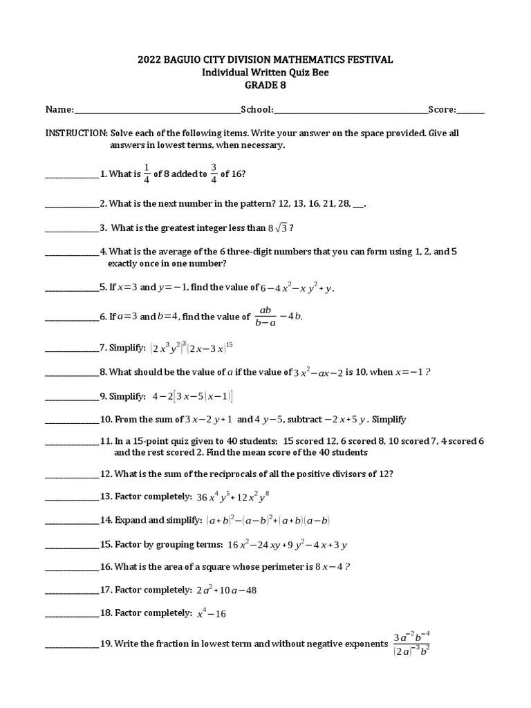 Grade 8 Quiz Bee | PDF