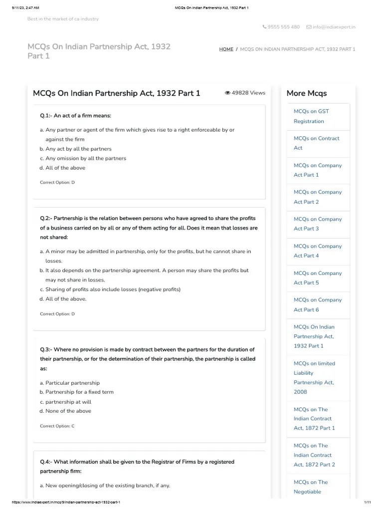 MCQs On Indian Partnership Act, 1932 Part 1 | PDF | Partnership ...
