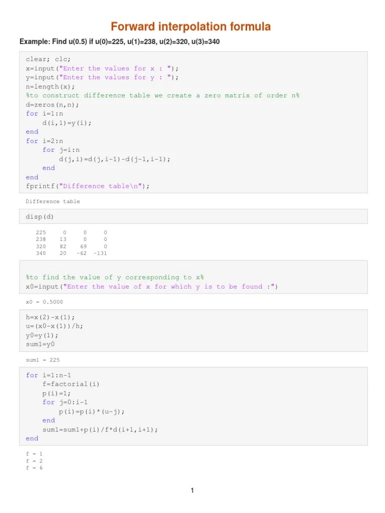 Newtons Difference Table Matlab Code | PDF