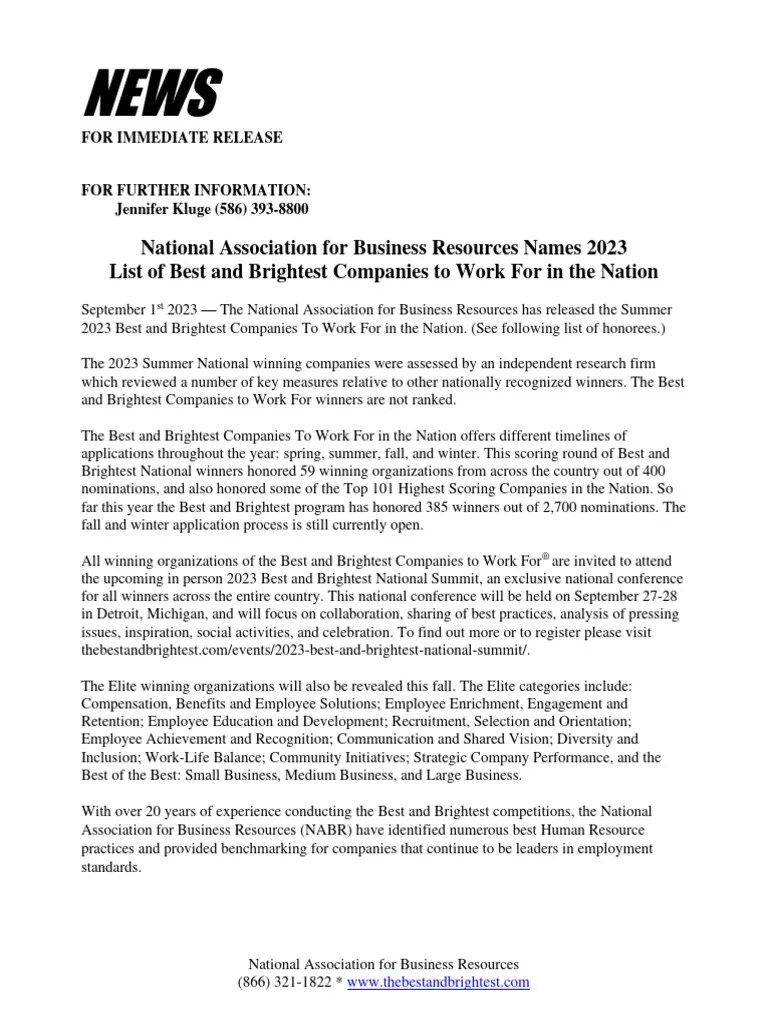 National Association For Business Resources Names 2023 List Of Best And Brightest Companies To ...