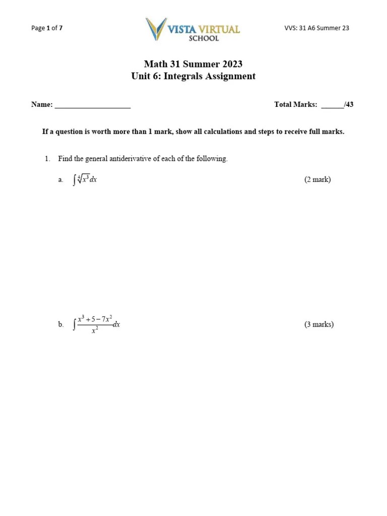 M31 Unit 6 Assignment Summer - 2023 | PDF | Integral | Mathematics