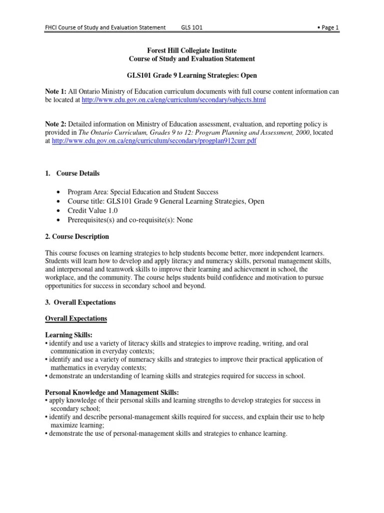 GLS1O Grade 9 Open Learning Strategies | PDF | Educational Assessment ...