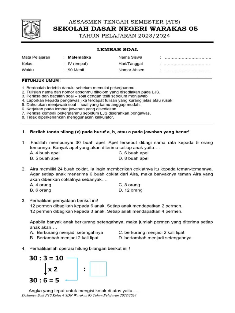 SOAL ATS MATEMATIKA KELAS 4 Tahun 2023-2024 | PDF