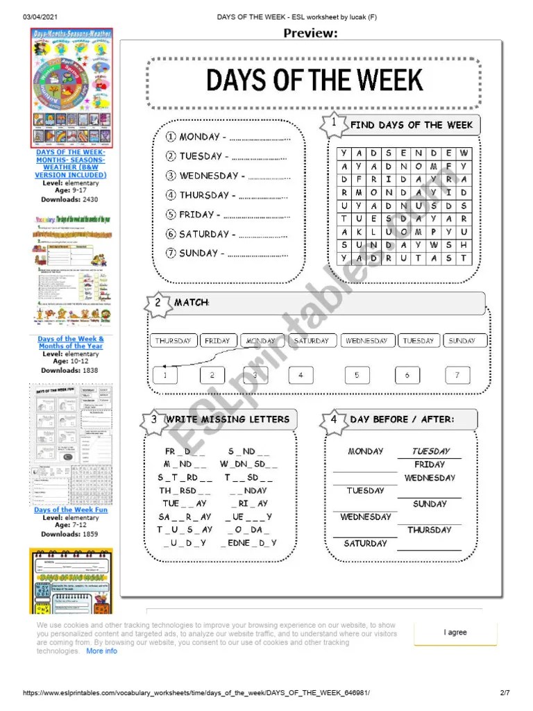 Days Of The Week - Esl Worksheet By Lucak (F) | PDF | Computers
