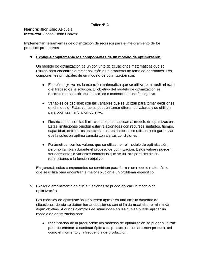Taller #3 Modelos De Optimización | PDF | Optimización Matemática ...