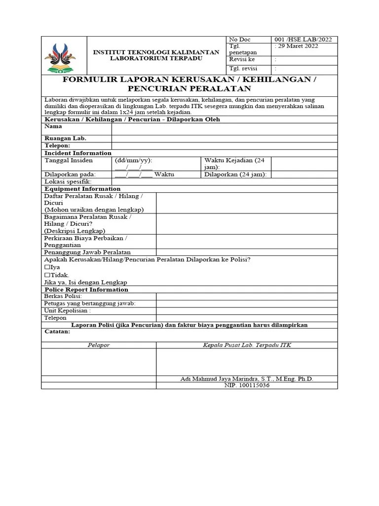 Contoh Form Kerusakan Kehilangan Alat Lab | PDF