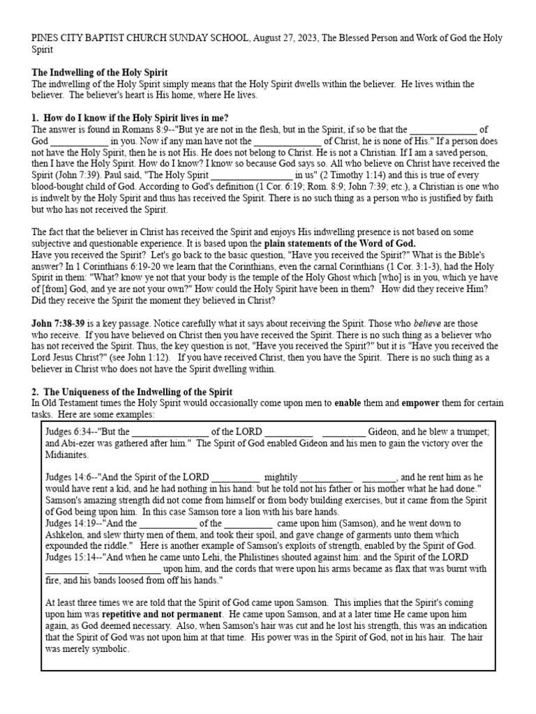 SS 6 The Indwelling Of The Holy Spirit | Download Free PDF | Samson | Gospel Of John