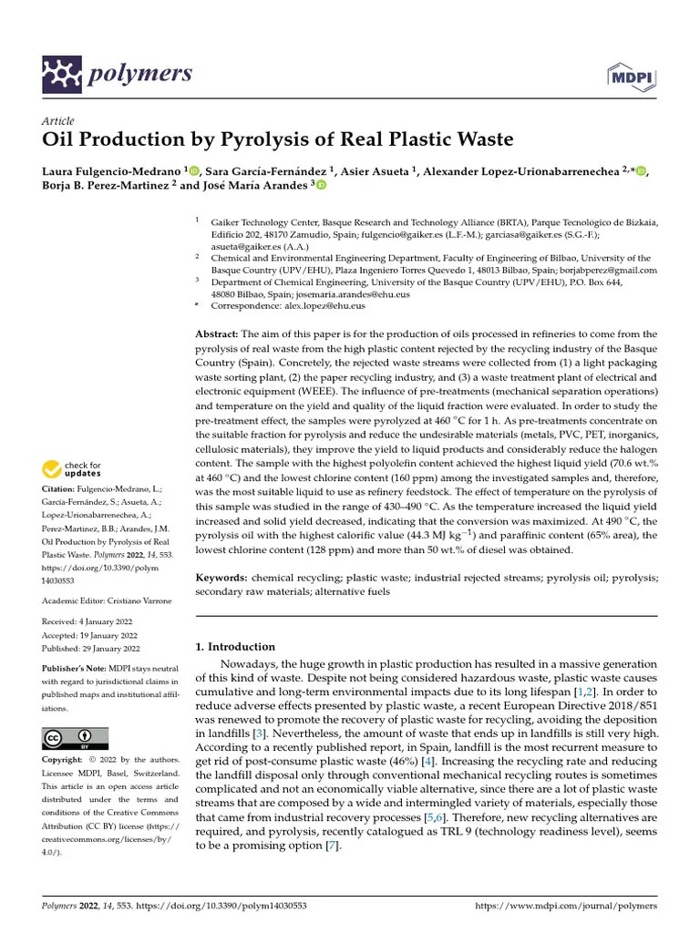 Oil Production By Pyrolysis Of Real Plas | PDF | Pyrolysis | Plastic