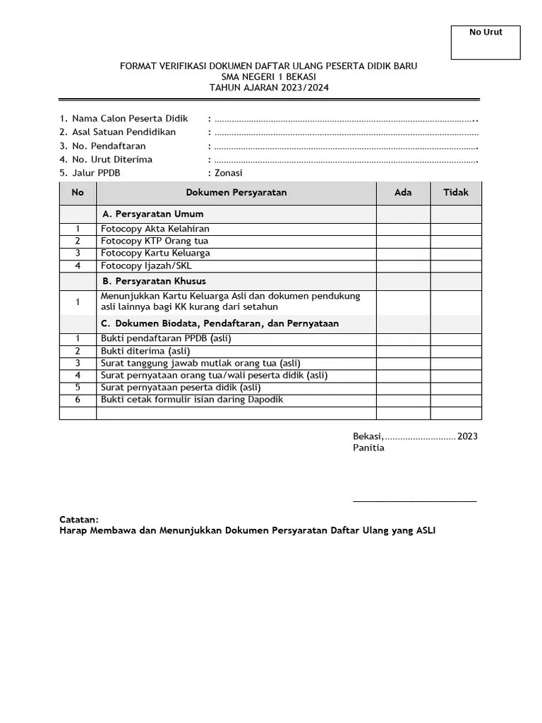 Formulir Kelengkapan Daftar Ulang Peserta Didik Baru 2023 | PDF