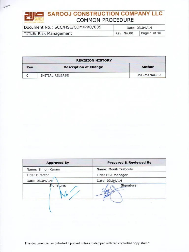 005 Procedure For Risk Management | PDF