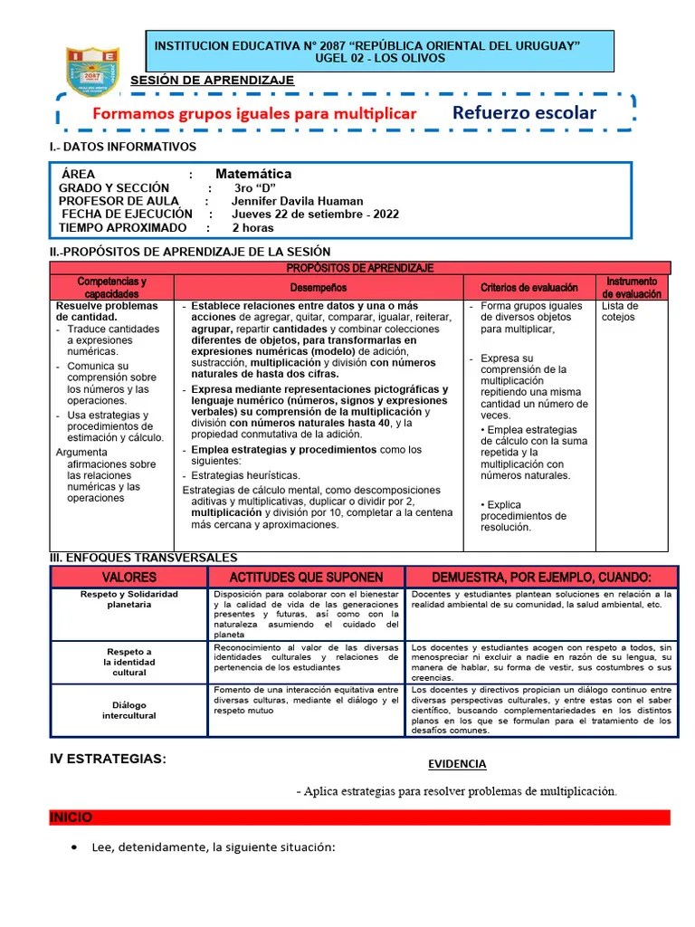 Sesion Jueves 22 De Setiembre Matematica | PDF | Multiplicación | Evaluación