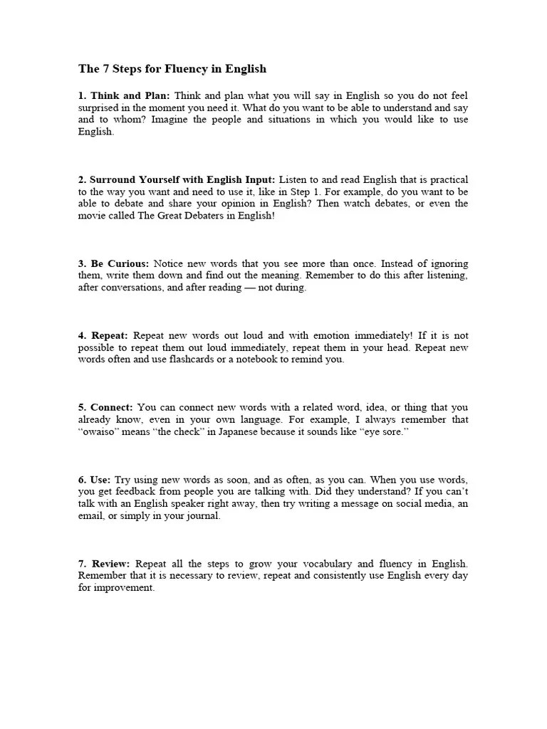The 7 Steps For Fluency In English | PDF | Language Arts & Discipline ...