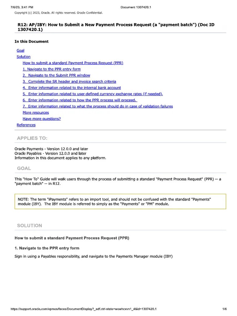 Payment Process Request - Payment Batch How To Doc ID 1307420.1 | PDF
