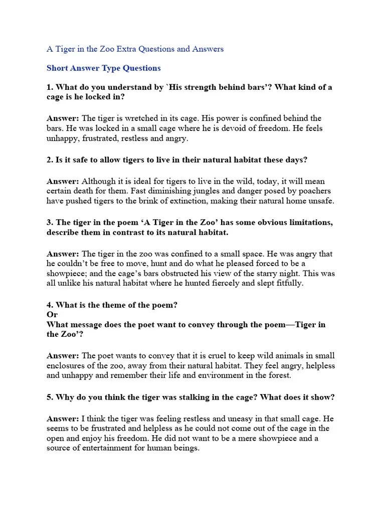 A Tiger In The Zoo Extra Questions And Answers | Download Free PDF | Tiger | Zoo