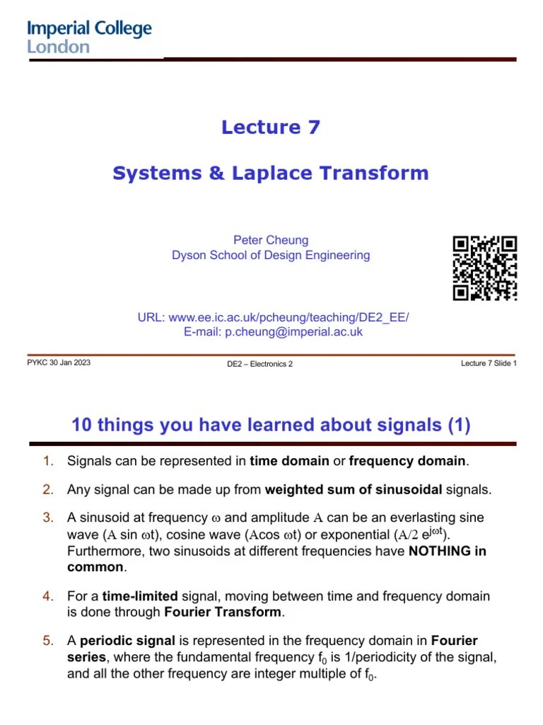 Lecture 7 - Systems & Laplace Transform (Slides) | PDF | Laplace Transform | Computer Engineering