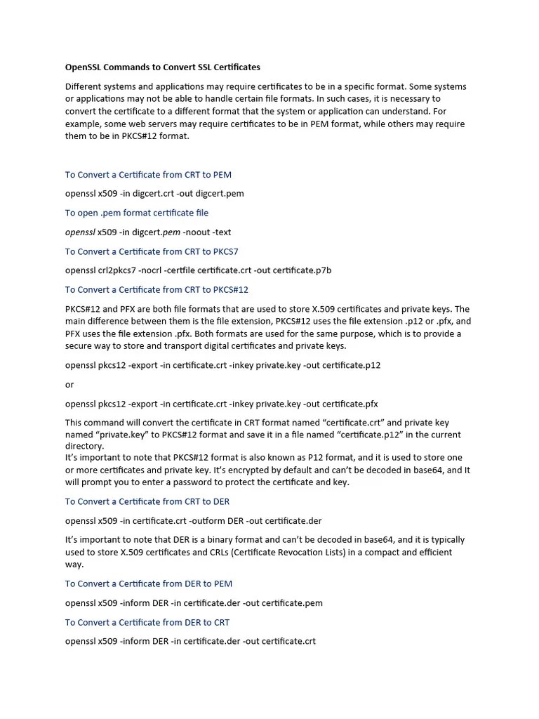 Openssl Commands To Convert Certificate Format | PDF | Public Key ...