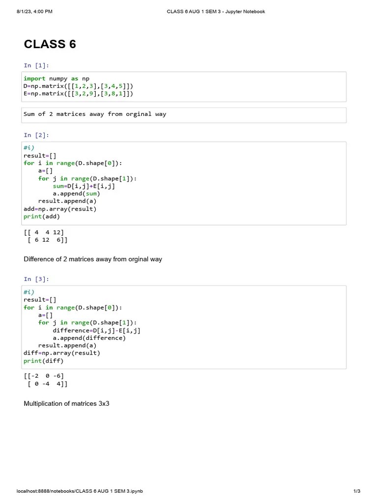 CLASS 6 AUG 1 SEM 3 - Jupyter Notebook | PDF | Matrix (Mathematics ...