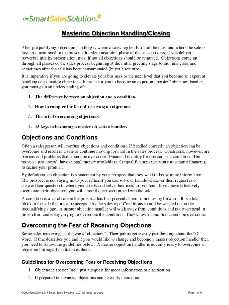 Mastering Objection Handling Closing | PDF | Sales | Prices