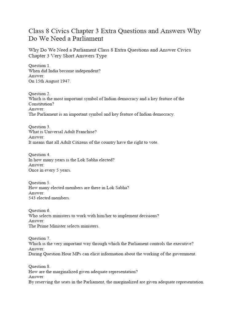 Class 8 Civics Chapter 3 Extra Questions And Answers Why Do We Need A Parliament | PDF | Member ...