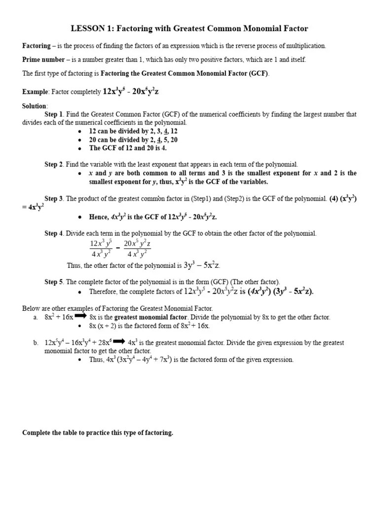 Lesson 1. Factoring With Greatest Common Monomial Factors | PDF ...