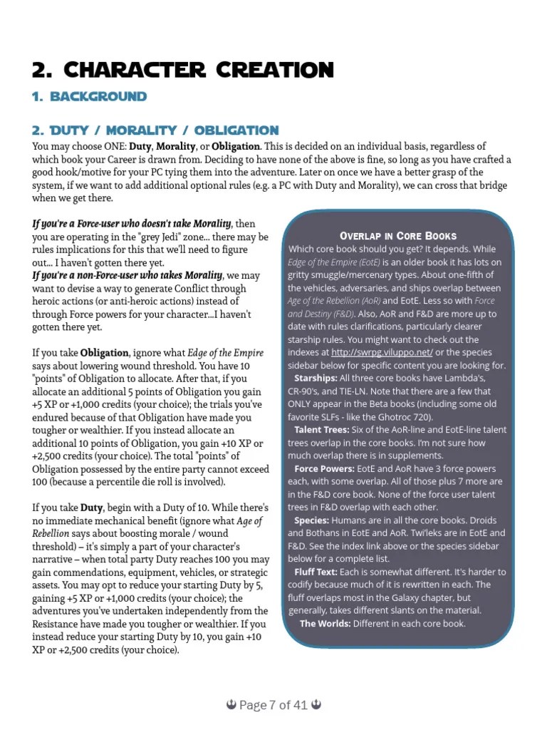 Character Creation Cheat Sheet - By Kay Dallben | PDF | Star Wars
