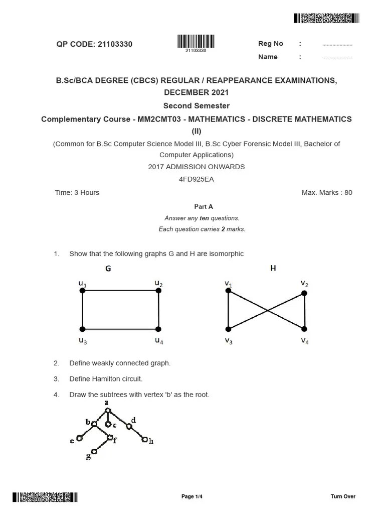 BSC Bca 2 Sem Mathematics Discrete Mathematics 2 21103330 Dec 2021 | PDF | Vertex (Graph Theory ...