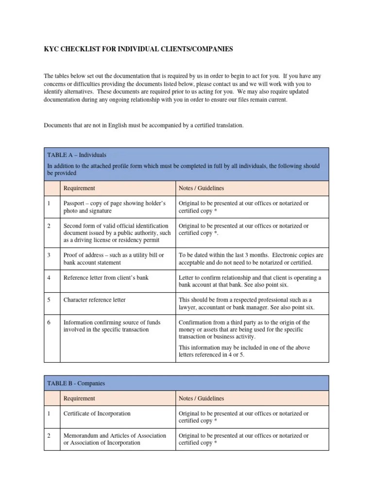 KYC Checklist - Table A And Table B-1 | PDF | Notary Public | Identity ...
