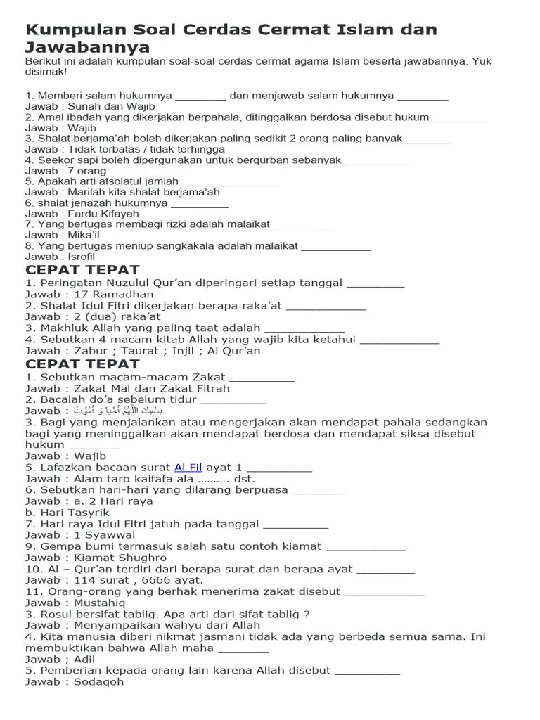 Kumpulan Soal Cerdas Cermat Islam Dan Jawabannya | PDF