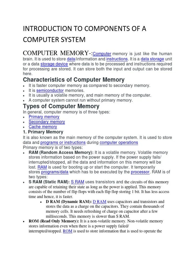 INTRODUCTION TO COMPONENTS OF A COMPUTER SYSTEM Notes | PDF