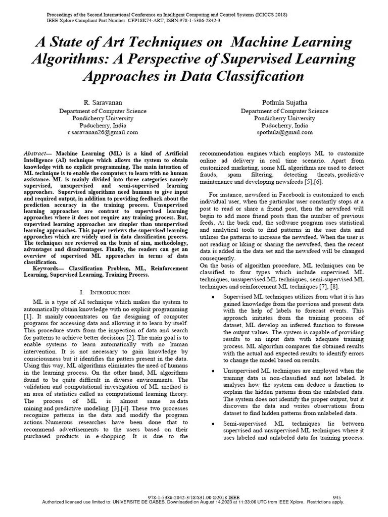 A State Of Art Techniques On Machine Learning Algorithms A Perspective ...