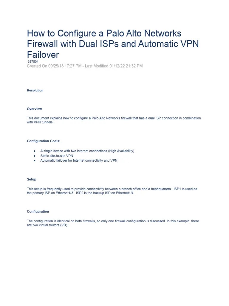 How To Configure A Palo Alto Networks Firewall With Dual ISPs And Automatic VPN Failover | PDF