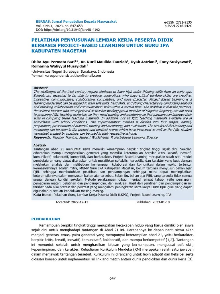 Pelatihan Penyusunan Lembar Kerja Peserta Didik Berbasis Project-Based Learning Untuk Guru Ipa ...