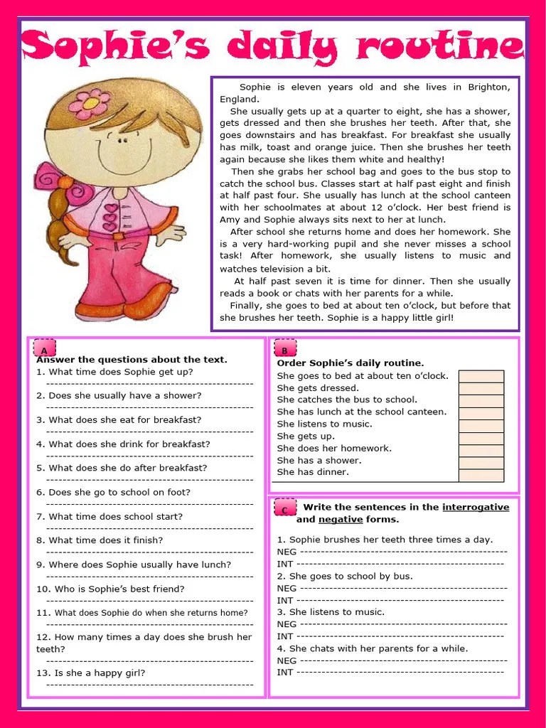 Sophies Daily Routine Reading Comprehension Exercises 21729 | PDF