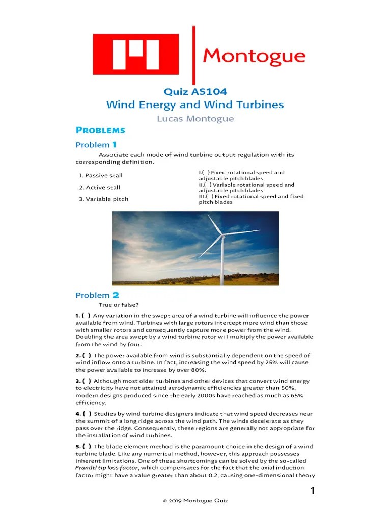 Wind Energy And Wind Turbines Solved Problems | PDF | Wind Turbine ...