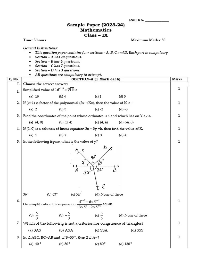 Sample Paper Maths Class 9th (2023-24) | PDF | Triangle | Classical ...