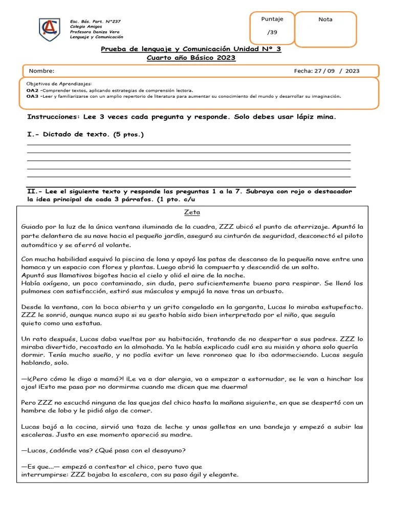 Prueba Lenguaje Y Comunicación 27-09 | PDF