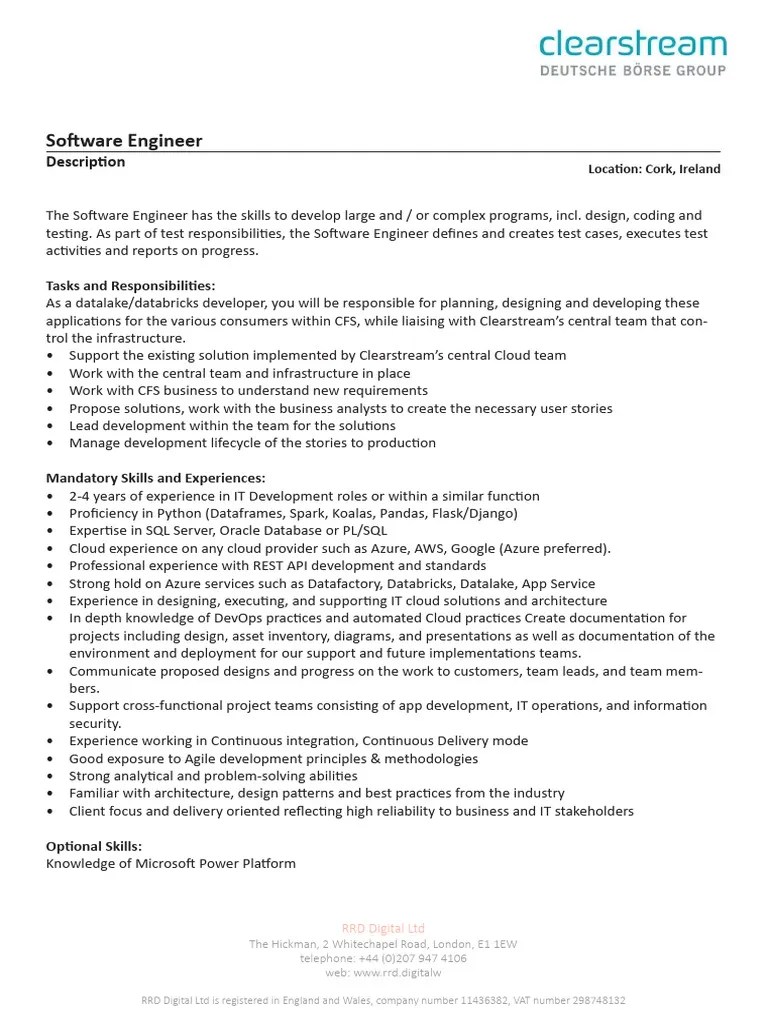 Software Engineer - Clearstream - Job Description | PDF | Computers | Technology & Engineering