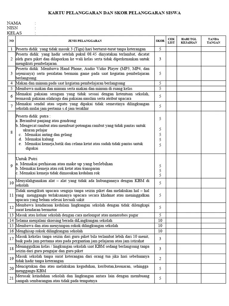 Kartu Pelanggaran Dan Skor Pelanggaran Siswa - A4 | PDF