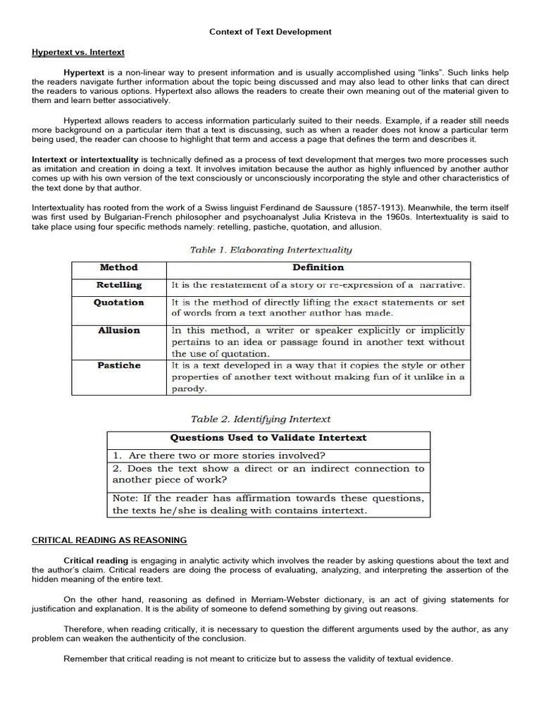 Context Of Text Development HYPERTEXT INTERTEXT NOTES USE THIS | PDF ...