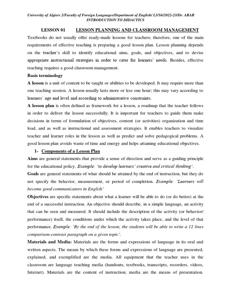 Lesson Planning And Classroom Management | PDF | Lesson Plan | Learning