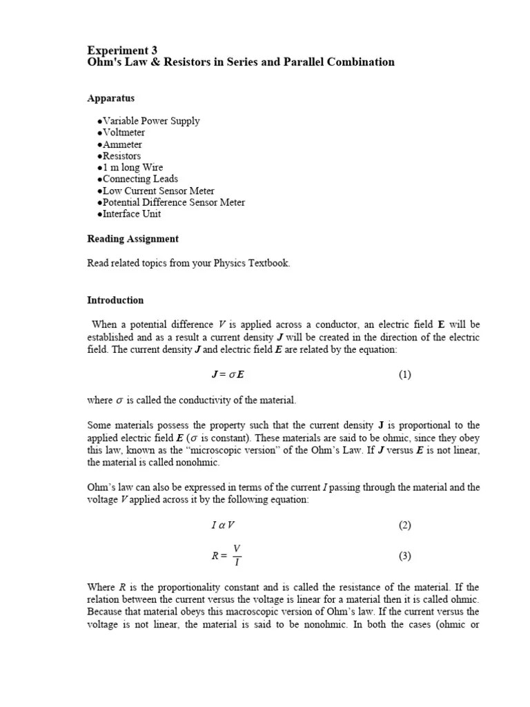 Ohm's Law & Resistors In Series And Parallel Combination | PDF | Electrical Resistance And ...
