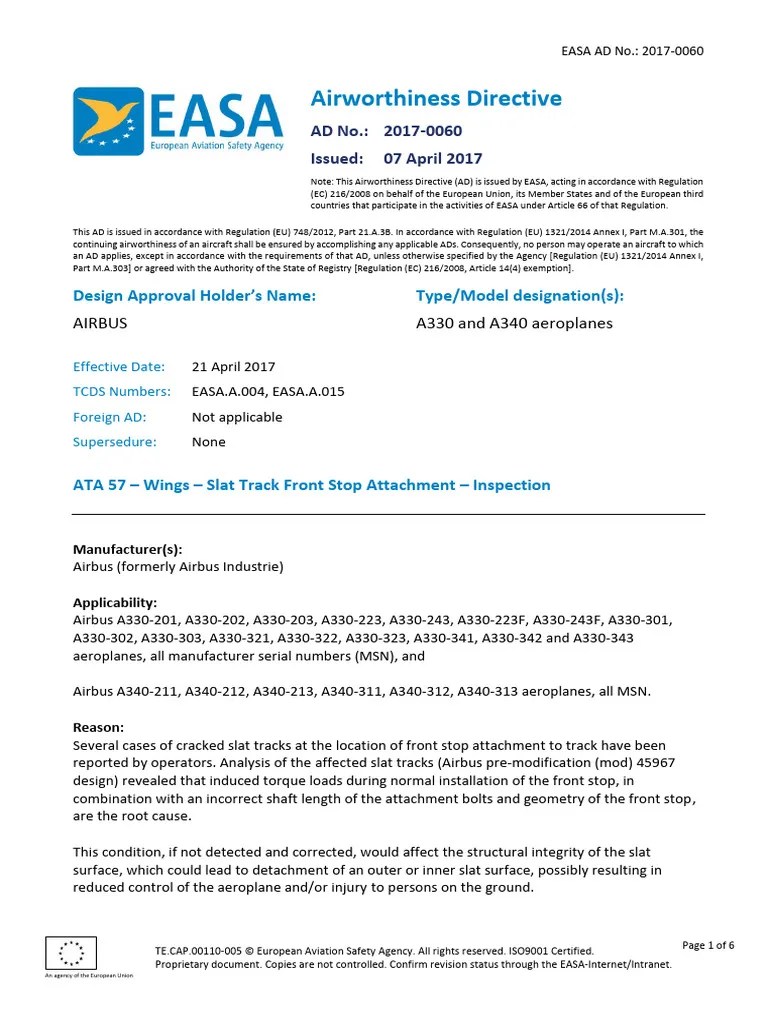 Easa Ad 2017-0060 1 | PDF | Aviation | Aircraft