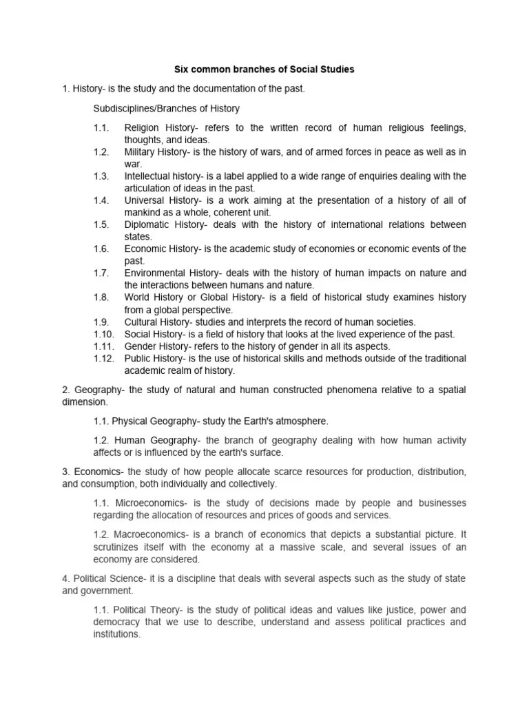 Six Common Branches Of Social Studies | PDF