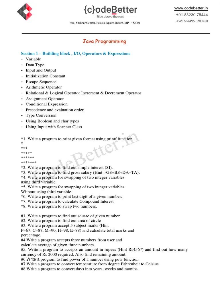Java Programming Syllabus Assignment LabPractice | PDF | Method ...