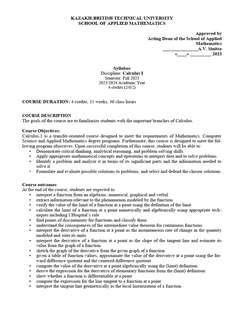 Syllabus Calculus-1 | PDF