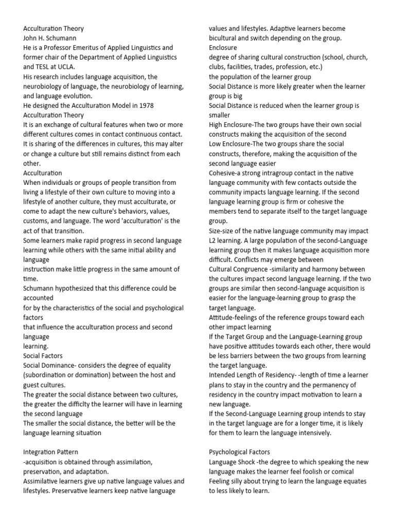 Acculturation Theory Exp | PDF | Second Language Acquisition | Second Language