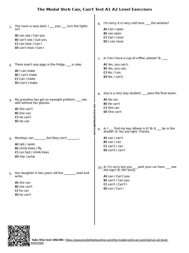 413 - The Modal Verb Can Cant Test A1 A2 Level Exercises | PDF